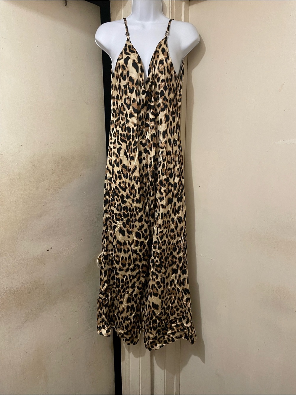 Women’s Leopard Print Wide Leg Jumpsuit Spaghetti Strap Animal Print Size L